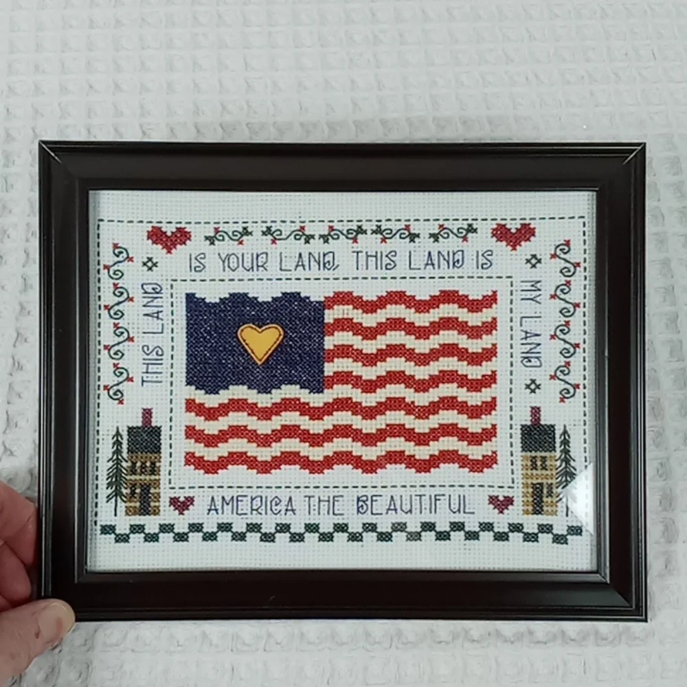 Vintage Framed Cross Stitch "America The Beautiful" American Flag Patriotic - Picture 5 of 13